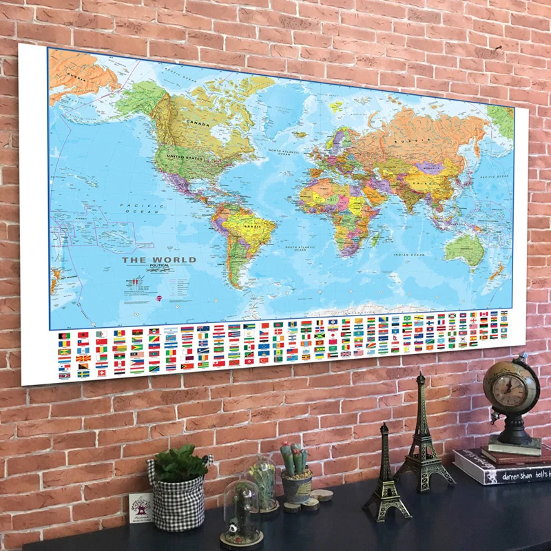 Mapa del mundo en inglés, pintura en lienzo no tejido, póster grande, sala de estar, suministros escolares de oficina, decoración del hogar, 225x150cm