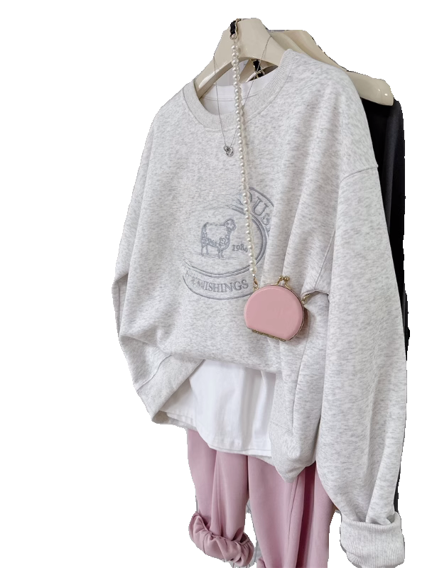 Spring 2024 Chic Embroidered Letter eep Loose Women's Sweatirt Korean Sle round Ne Long Sve Cotton Polyester Blend