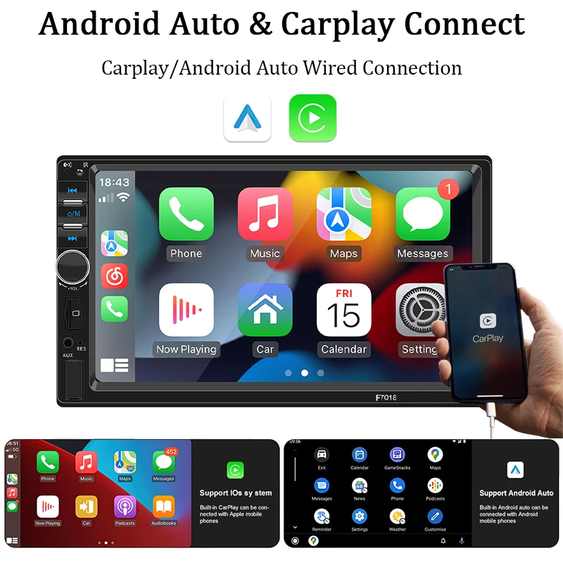 Hippcron 7 "autoradio 1 Din multimediaspeler Ondersteuning Carplay Android Auto HD touchscreen FM AUX-ingang BT Mirror Link TF-kaart