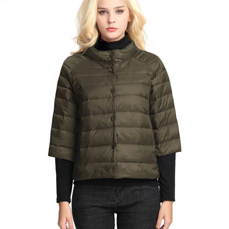 Women's puffer jacket Light and short style  Autumn Thin Down jacket  three Quarter Sleeves  Stand Collar  Fashionable Coat