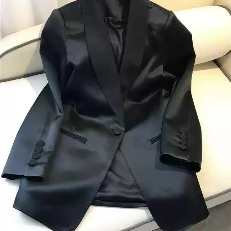 Chaqueta de traje pequeña de triacetato para mujer, chaqueta de satén Vintage negra informal, Top, ropa Simple, otoño e invierno, 2024