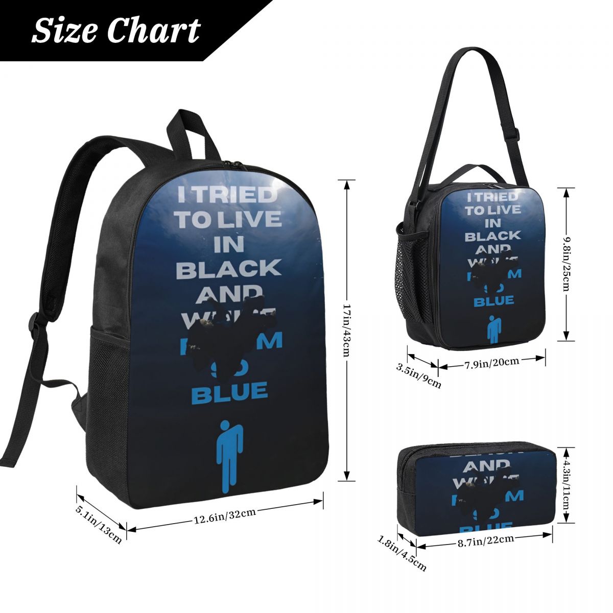 B-Billies E-Eilishing Kinderrucksack, Lunchbox, Bleistiftboxen für Jungen und Mädchen, Rucksäcke, Schultasche, Büchertaschen-Set