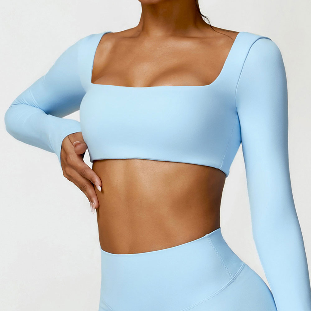 Top transpirable de secado rápido para mujer, Top corto de manga larga elástico con escote cuadrado sexi sin costuras para Yoga, ropa deportiva para gimnasio y correr