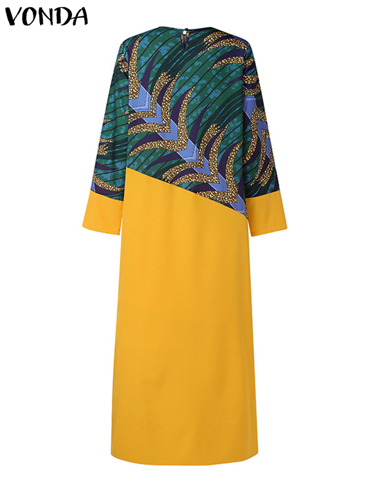 VONDA-女性のためのヴィンテージプリントマキシドレス,ボヘミアンパッチワーク,カジュアルなイブニングドレス,長袖のゆったりとしたドレス,大きいサイズ,5xl