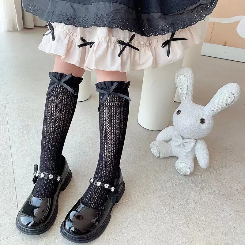 Calze lunghe da ragazza in pizzo a tubo, modello con fiocco dolce, calzino a rete, per bambina, balletto, rete da pesca, calzini con volant, leggings Lolita