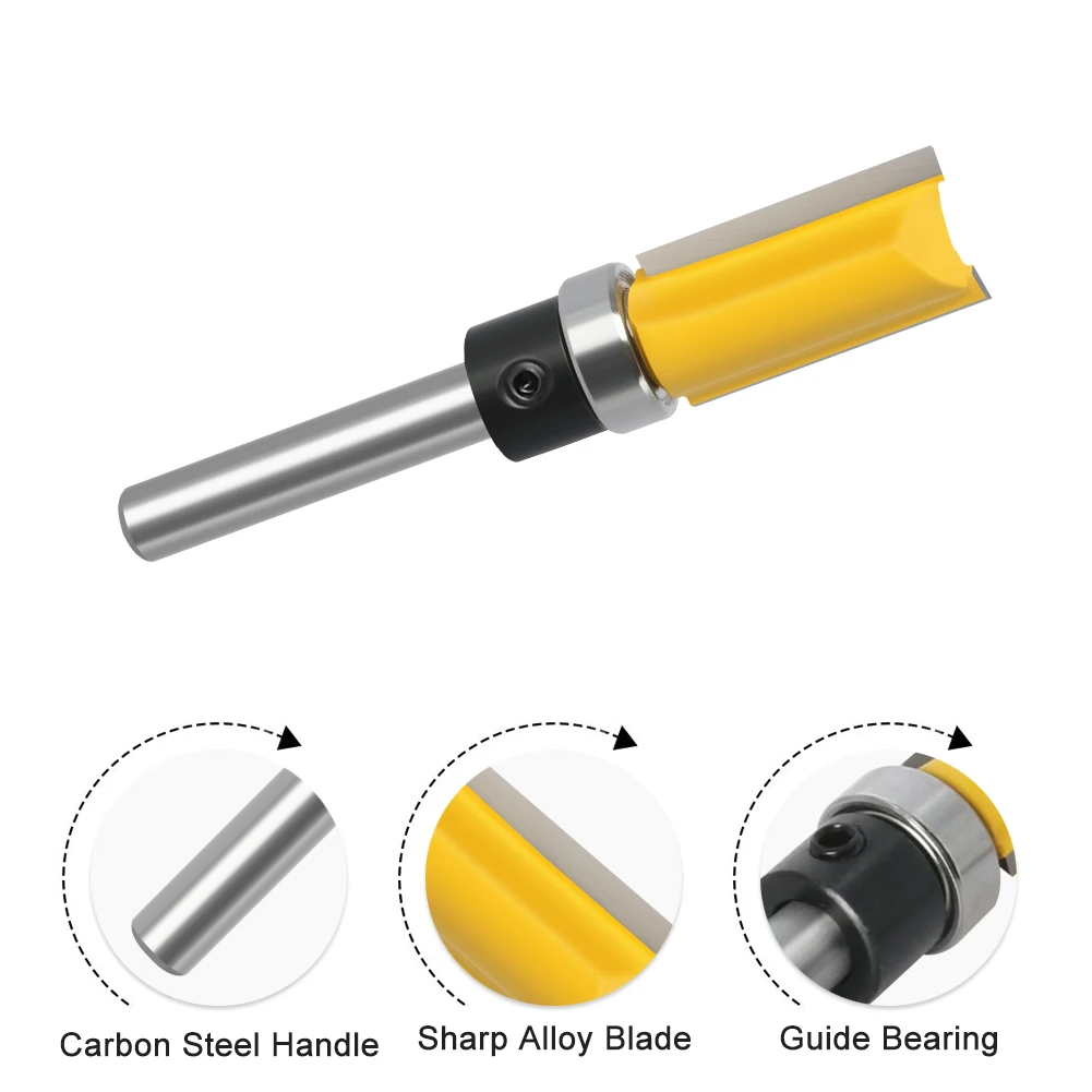6mm/6.35mm Shank Flush Trim Router Bit Blade Template Pattern Bit Bearing 1/2" Straight End Mill For Woodworking Dia 12.7mm