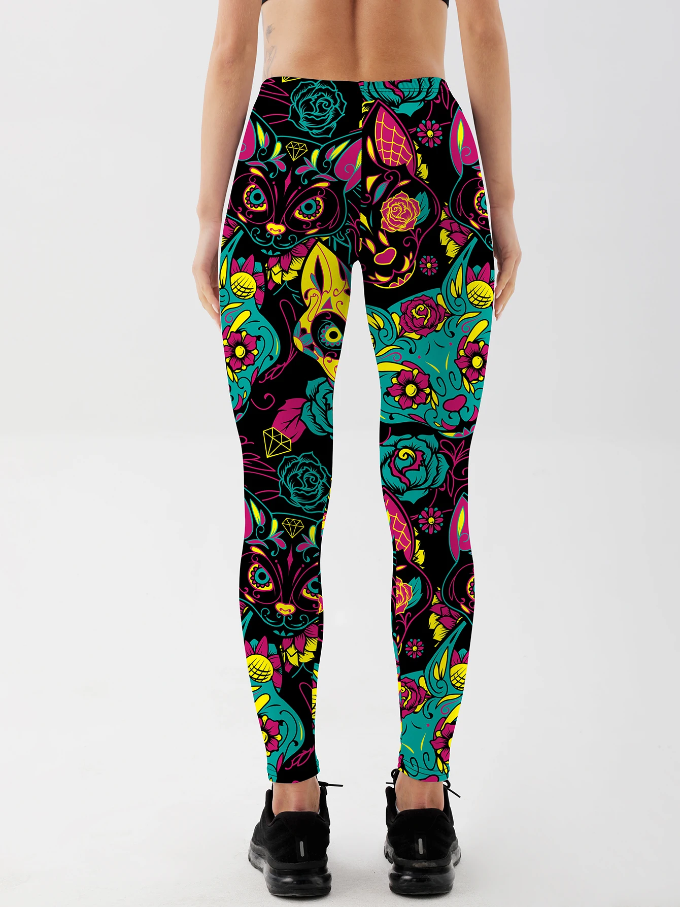 แฟชั่นผู้หญิงน่ารักแมวพิมพ์กางเกงขายาวสําหรับฟิตเนสเอวสูง GYM Legging Push Up ออกกําลังกายผู้หญิง Skull พิมพ์กางเกงขายาว
