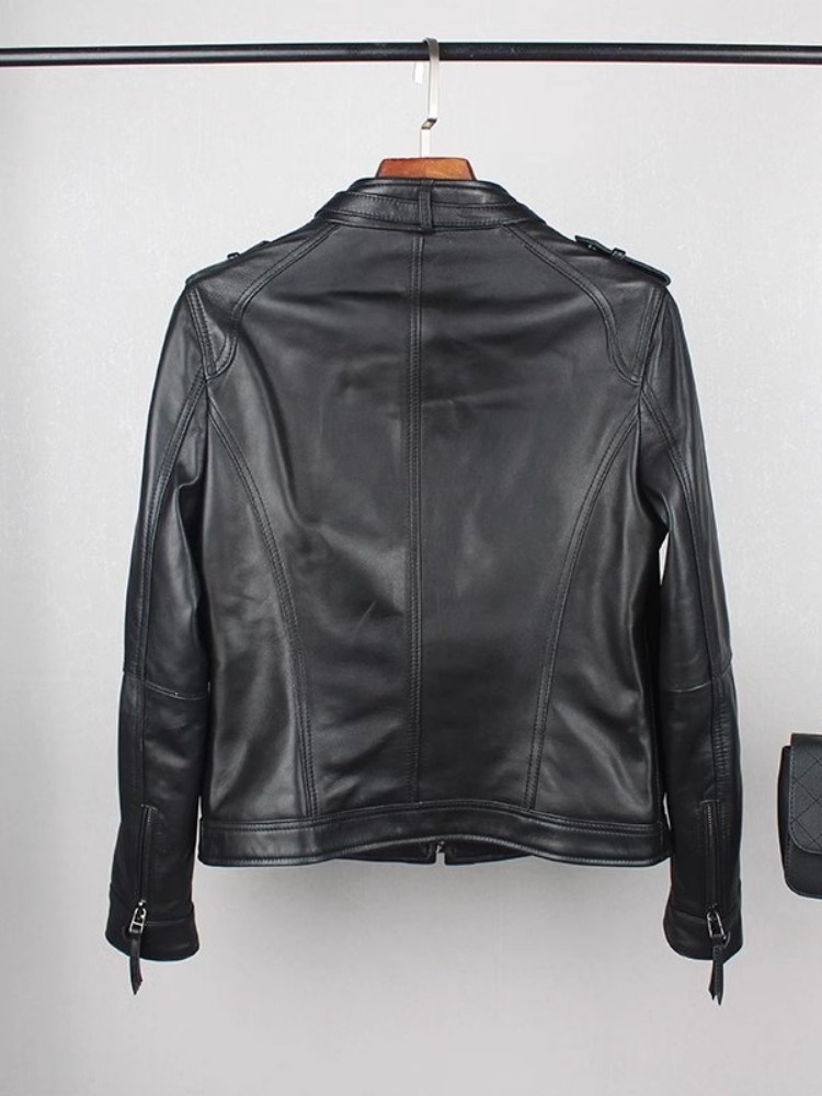 Vintage Real Sheepskin Genuine Leather Motorcycle Jacket Women Spring Autumn Stand Collar Punk Short Coat Street Cargo Jackets