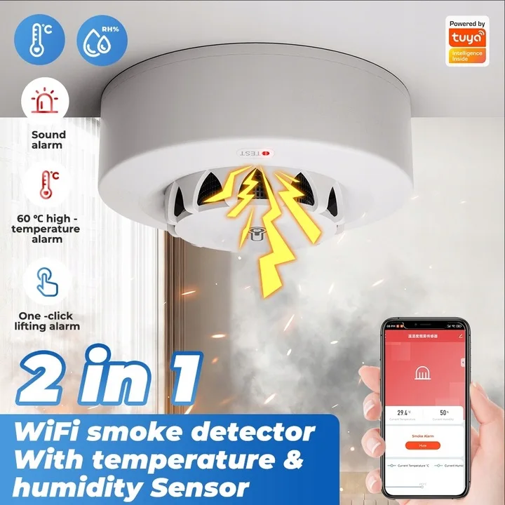 2 pcs Temperature and Humidity Smoke Sensor, TUYA WIFI Smoke Sensor Fire Alarm Home Kitchen Security System