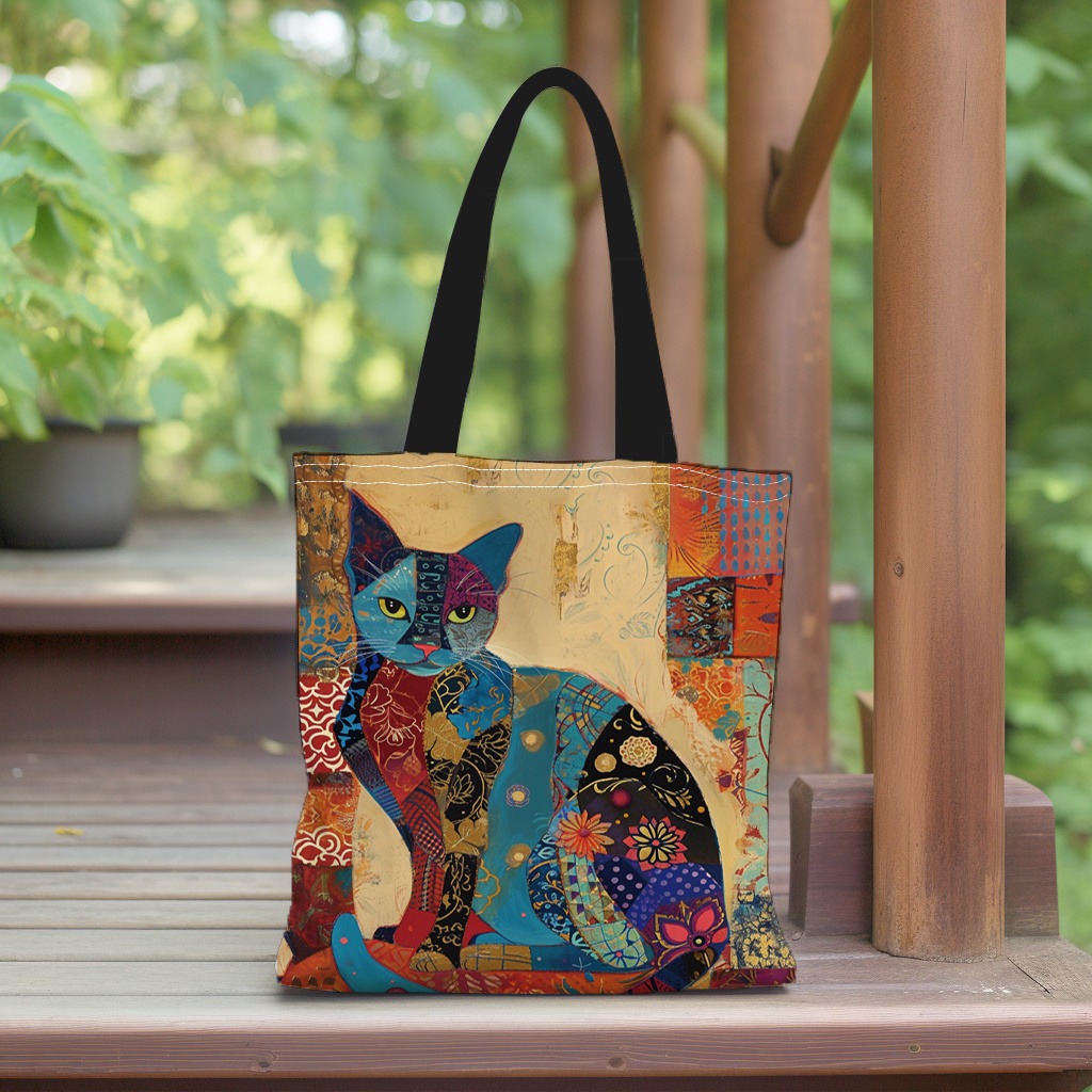 Bolsa tote com padrão floral de gato, bolsa de ombro escolar de lona estética, sacola de compras leve
