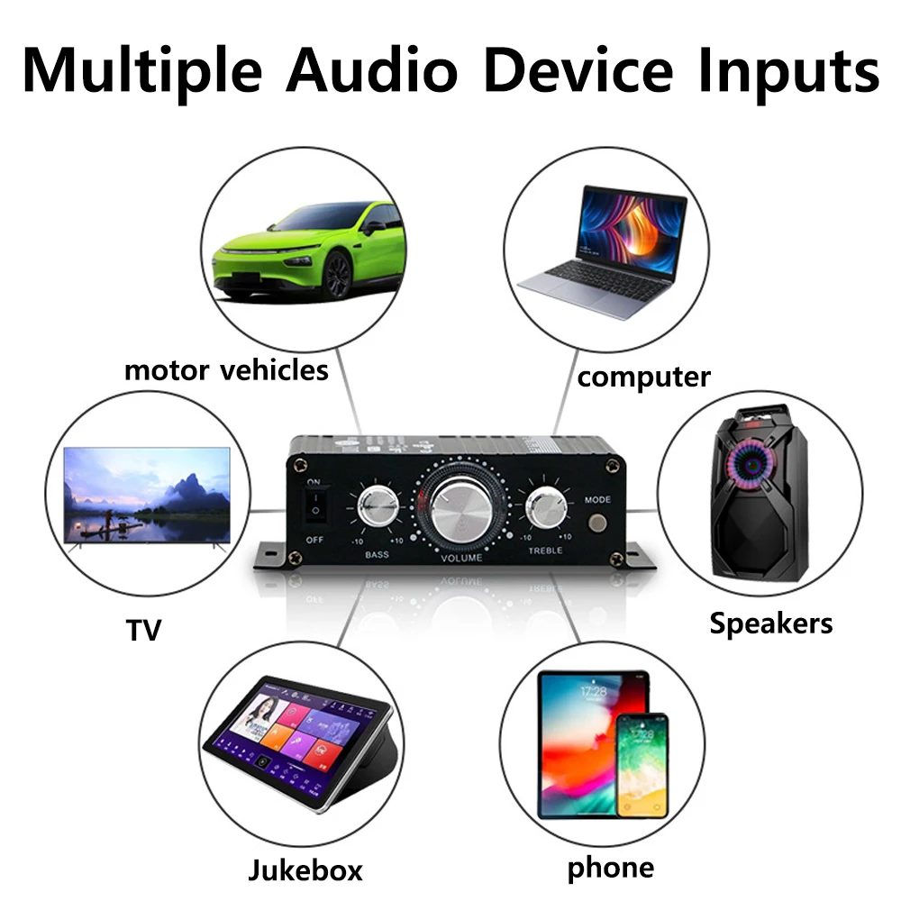 Bluetooth Audio Amplifier 2.0 Channel Output HIFI Mini Amp High Bass Adjustable 30W+30W Support Car/Computer/TV Black 12V2A