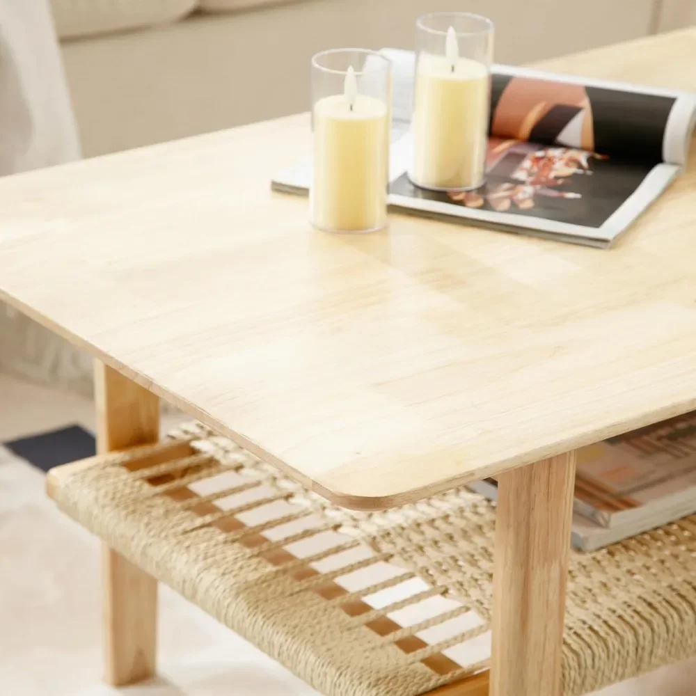 Mesa de centro de fazenda com armazenamento de vime Boho Mid Centry Mesa central moderna com sob prateleira Mesa de sala de estar de madeira