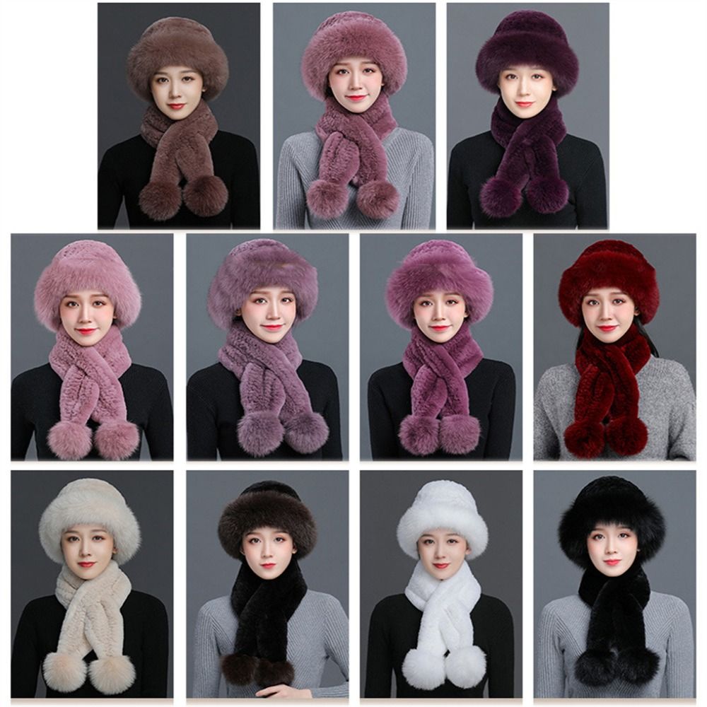 Gorro para el frío a la moda, gorro versátil de invierno con piel de conejo Rex, protección contra el frío, gorro grueso para el frío, bufanda cálida, gorro cálido para mujer y niña