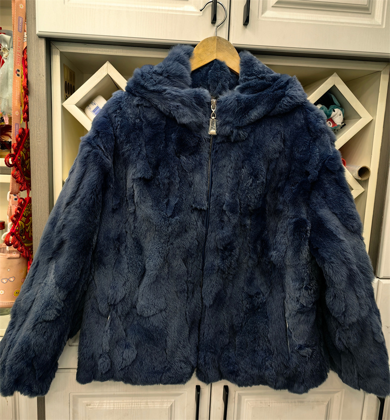 Mulheres inverno solto com capuz zíper jaqueta de pele natural 100% casaco de pele de coelho real grosso quente roupas femininas peludas outerwears