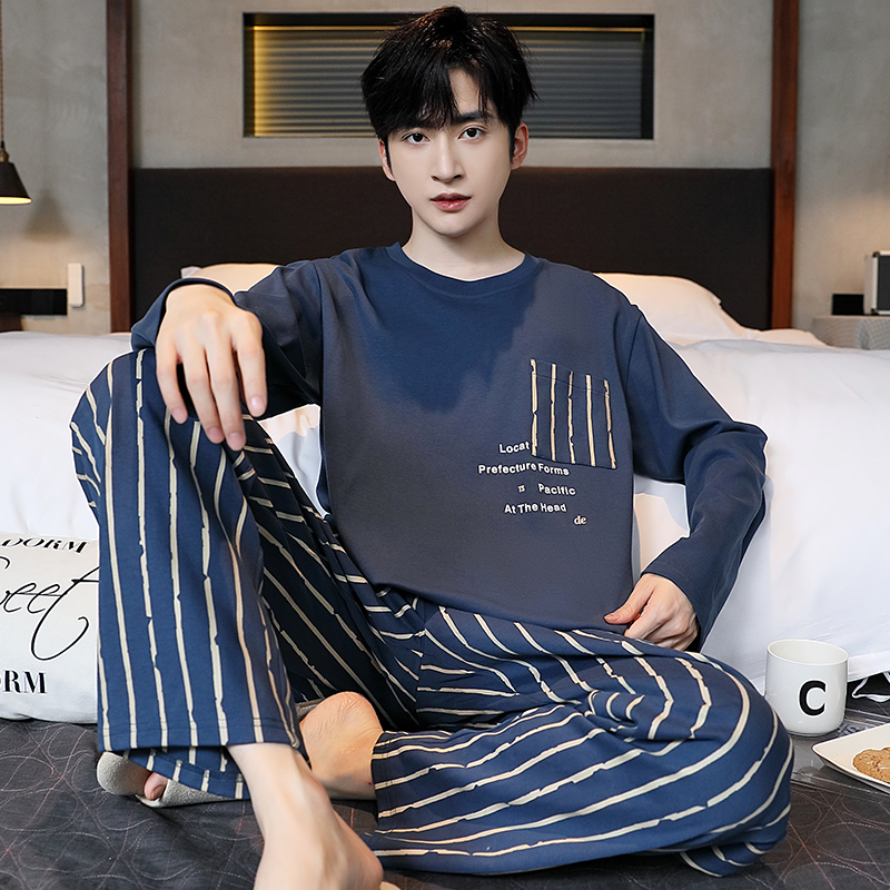 Pijamas informales de algodón con cuello redondo, conjuntos de Pijama para hombre, camisetas transpirables de manga larga para dormir, ropa de dormir, pijama para hombre, traje para casa, envío directo