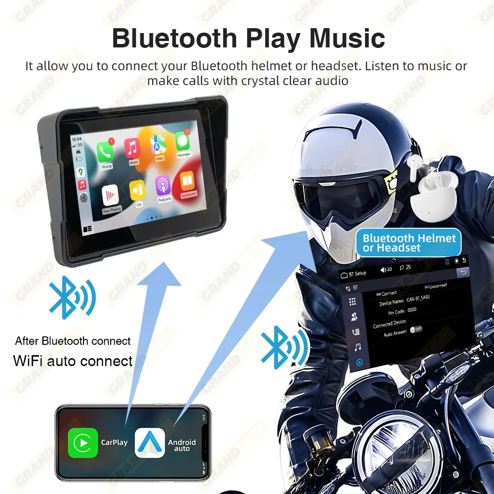 Universal 5 pulgadas motocicleta inalámbrico Apple Carplay Android Auto navegación portátil GPS IPX7 motocicleta pantalla impermeable
