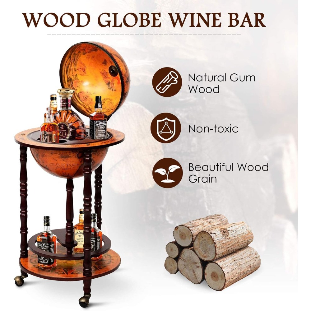 Wooden Globe Bar Wine Cooler, 16th Century Italian Replica Bar Rack, Vintage Wine Cooler with Wine Racks