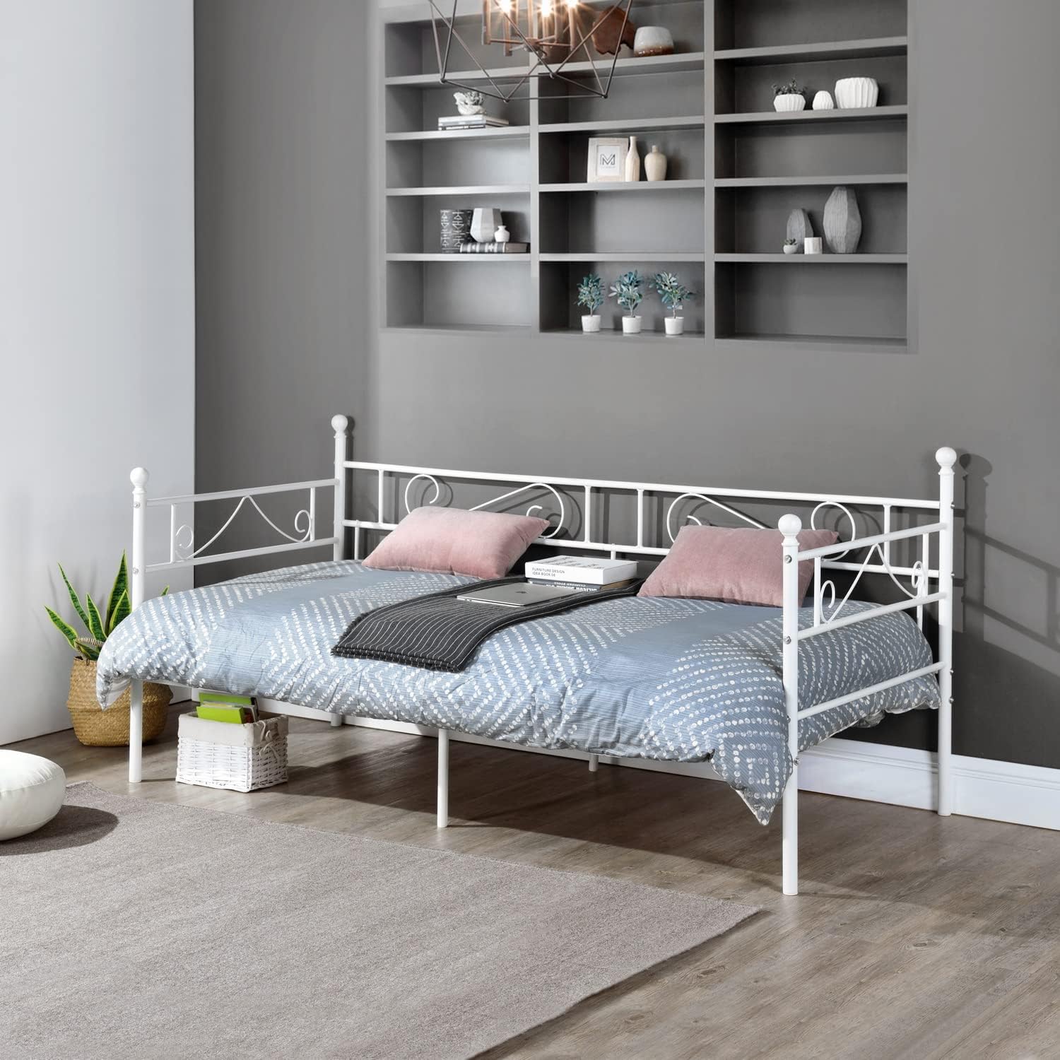 Cama Metálica Diván Cama para Dormitorio Salón Cuarto de Invitados, Marcos Adecuado para Colchón de 90*200 cm, Bl