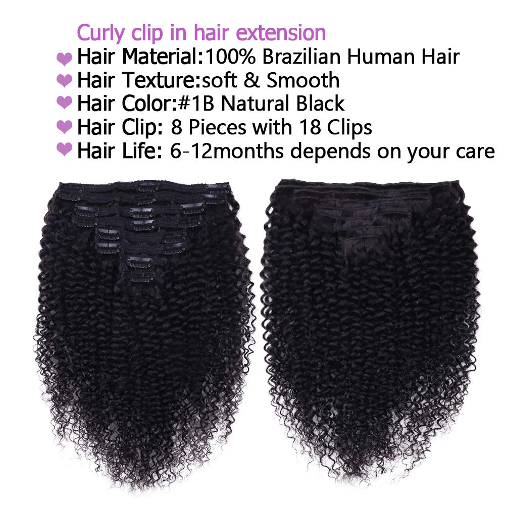 Extension de cheveux humains à clipser pour femmes noires, cheveux brésiliens Remy, cheveux crépus bouclés, tête complète, document naturel, 8 pièces