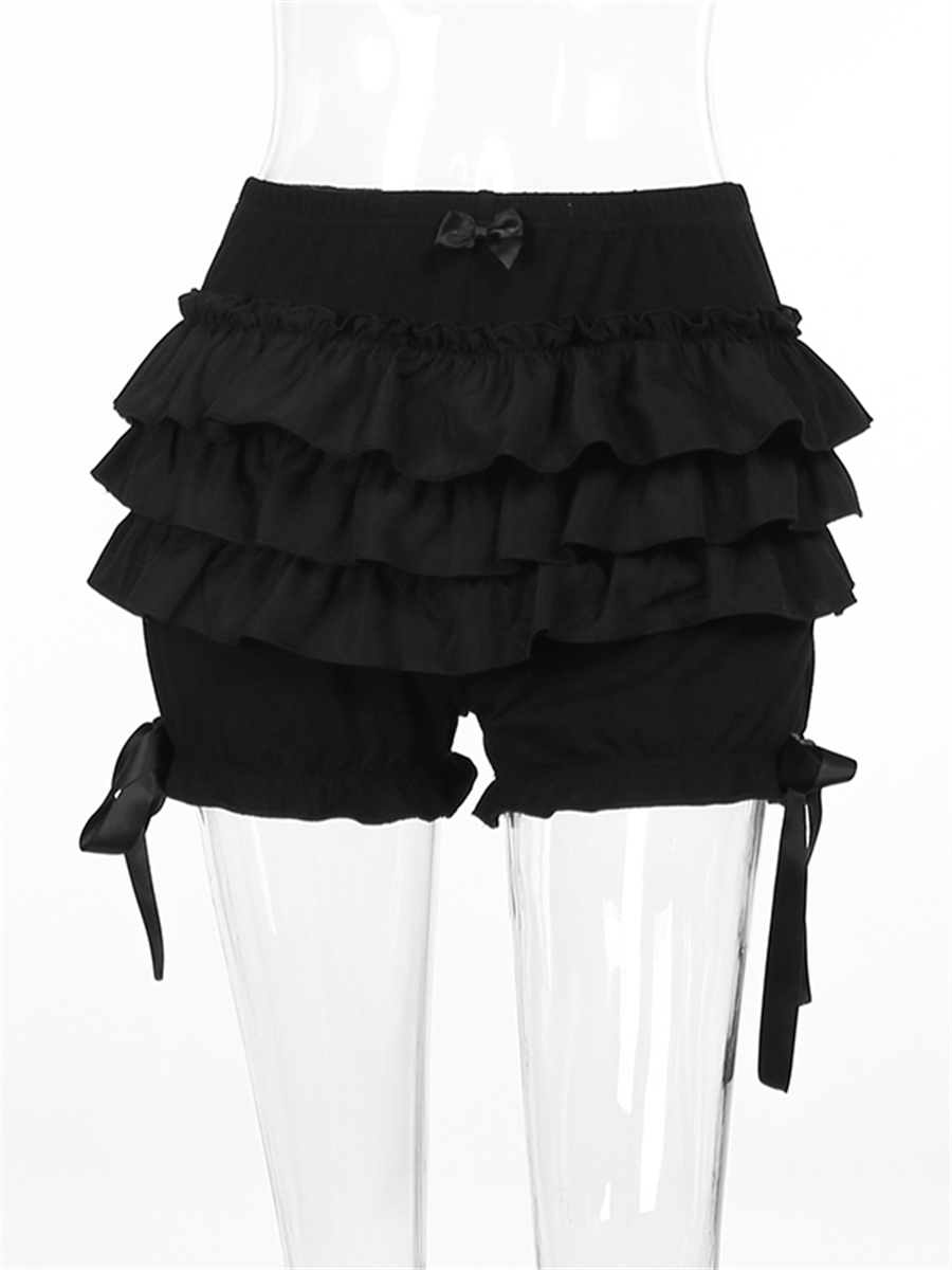 Wsevypo-pantalones cortos bombachos negros góticos para mujer, pantalones cortos en capas con volantes y cintura elástica, ropa de calle Harajuku, pantalones de cintura alta
