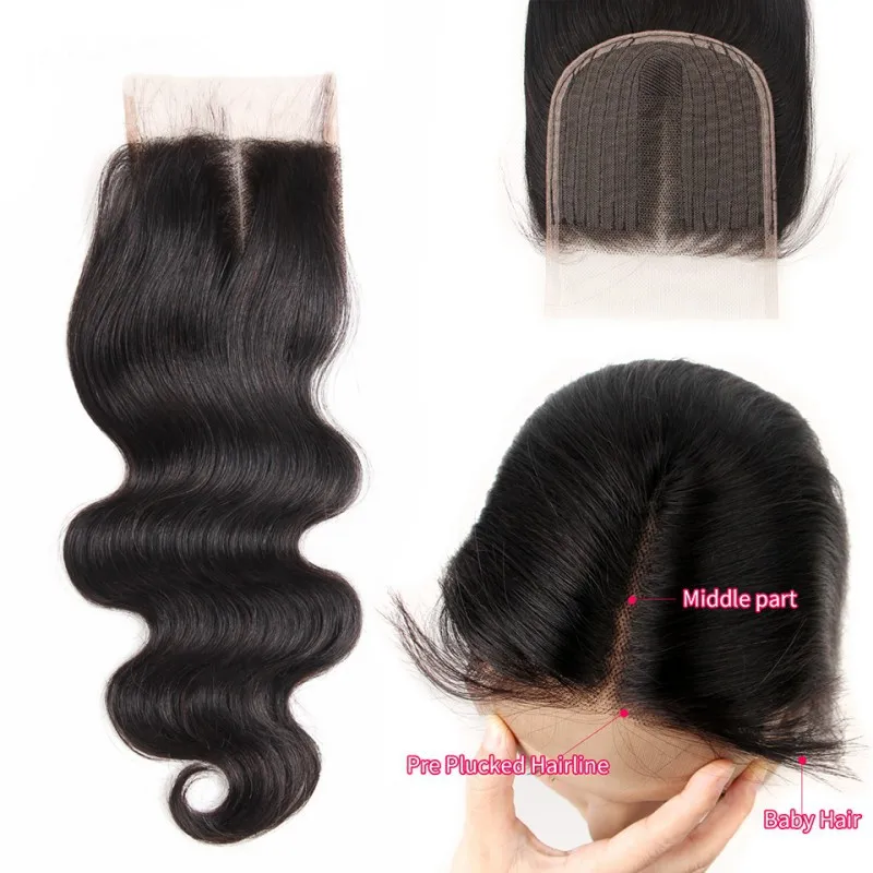 Cierre de cabello humano ondulado 4x1, encaje en T, cierre de parte media, cabello indio crudo prearrancado con pelo de bebé, Color Natural