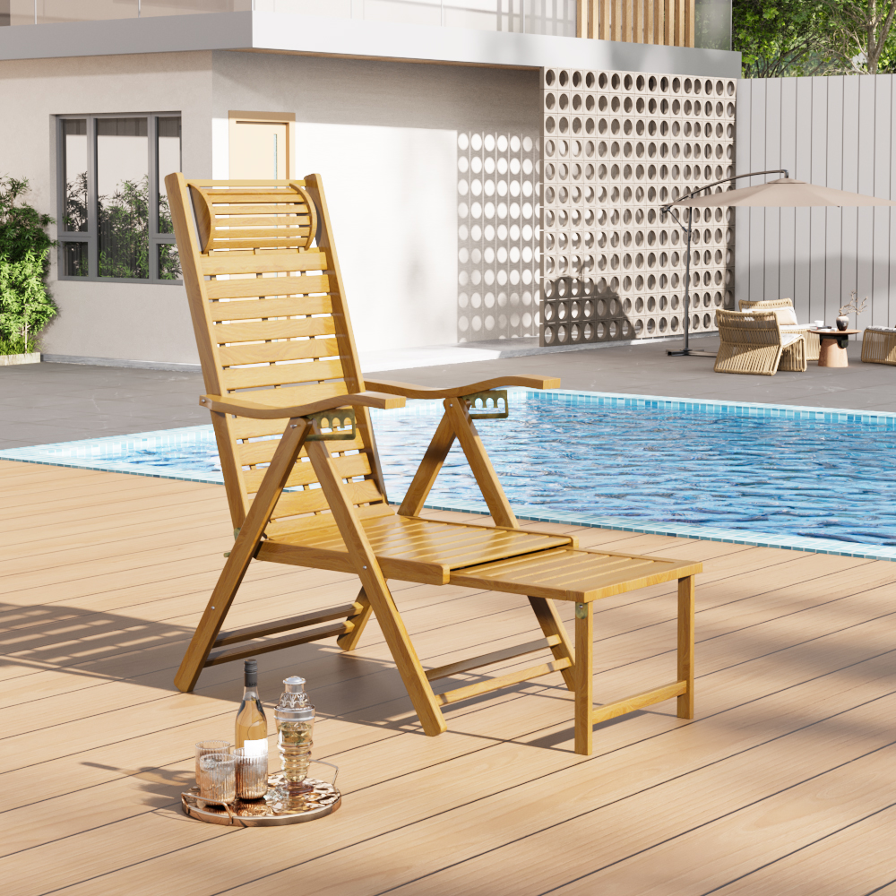 【Breeins】Bamboo Foldable Recliner Lounge Chair with Retractable Footrest Outdoor