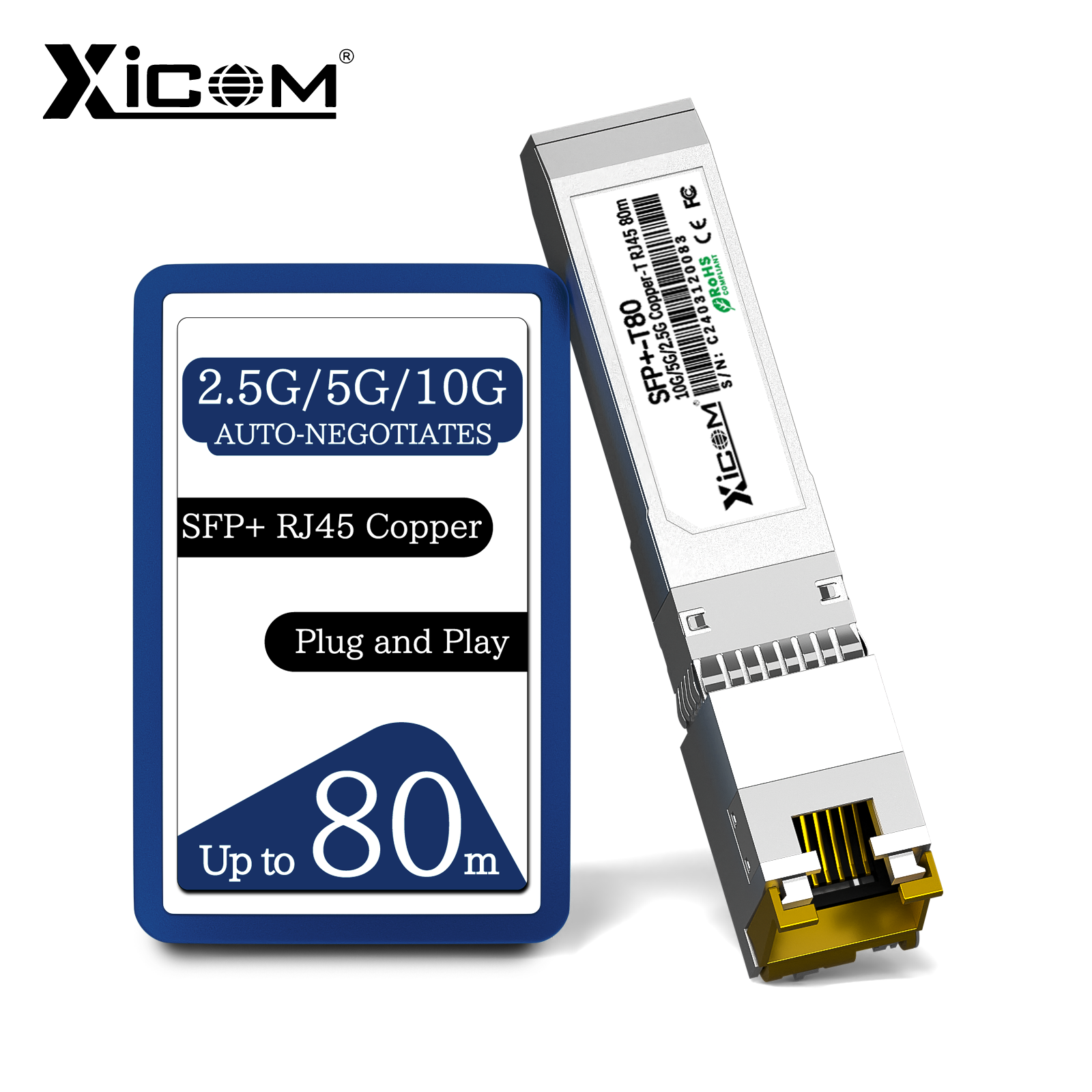Xicom 10G SFP+ RJ45 Copper Transceiver SFP Module 80M RJ45 Port 10G/5G/2.5G Compatible with Cisco/Mikrotik Ethernet Fiber Switch