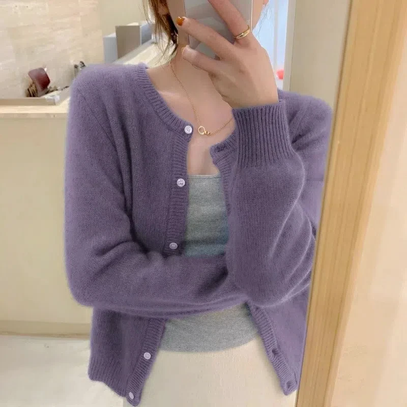 Nuevo cárdigan de punto corto con cuello redondo a la moda, chaqueta suéter informal holgada para mujer 234