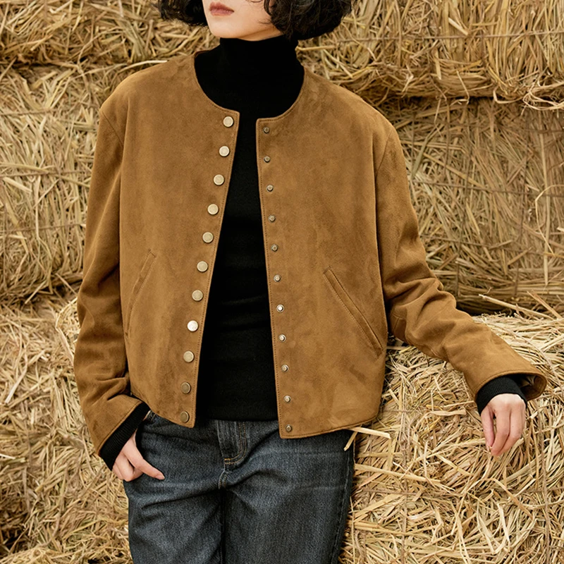 Veste en daim en cuir véritable pour femme, manteau en peau de mouton décontracté, col rond, manches longues, simple boutonnage, mode vintage, printemps et automne