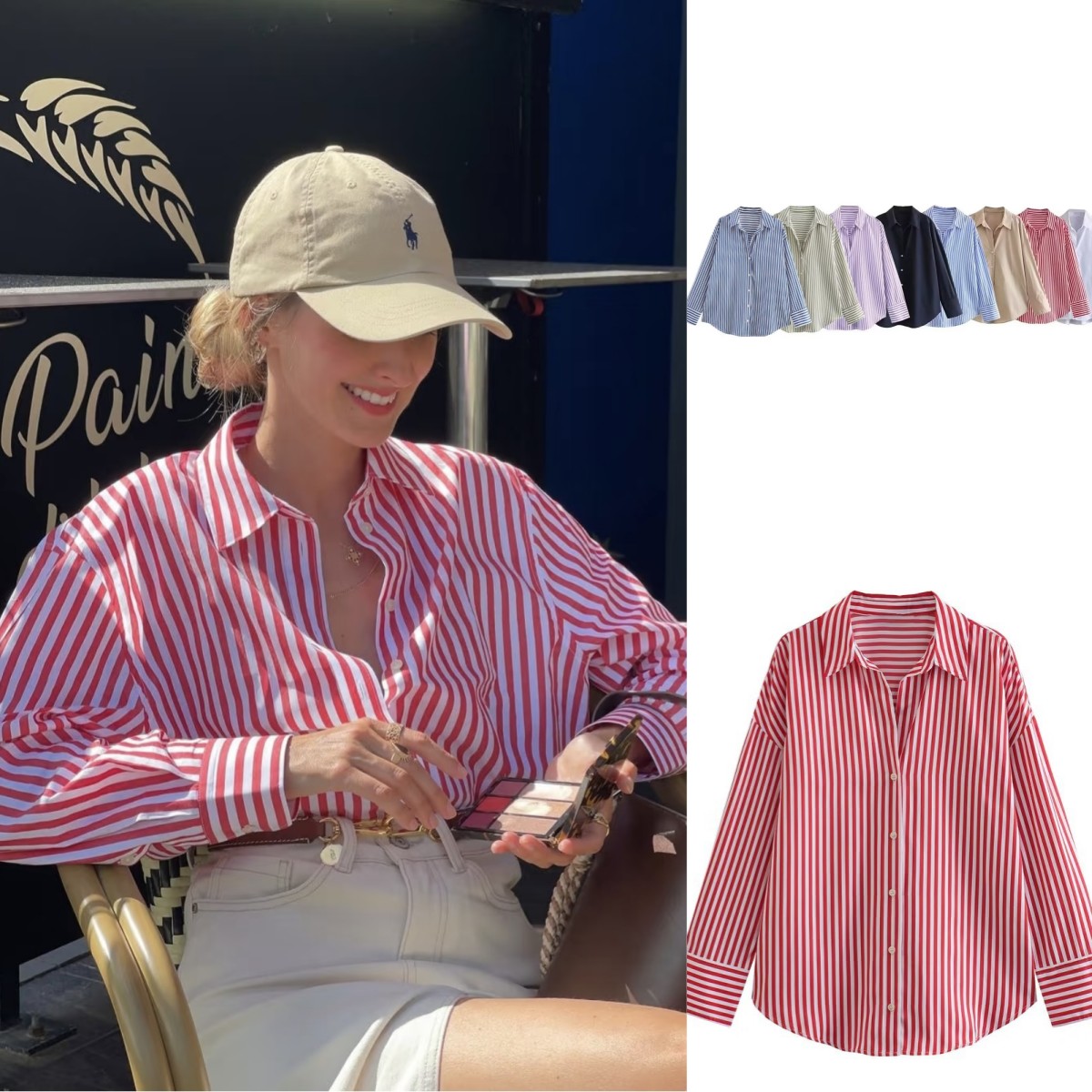 ETJ 2025 primavera feminina nova moda Europa-Americana listrada manga comprida lapela versão solta camisa popeline seleção multicolorida