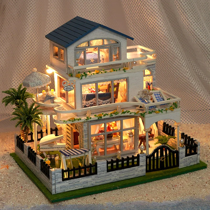 NUOVO fai da te in legno mini villa al mare kit di costruzione in miniatura case delle bambole con mobili casa case delle bambole per amici regali di compleanno