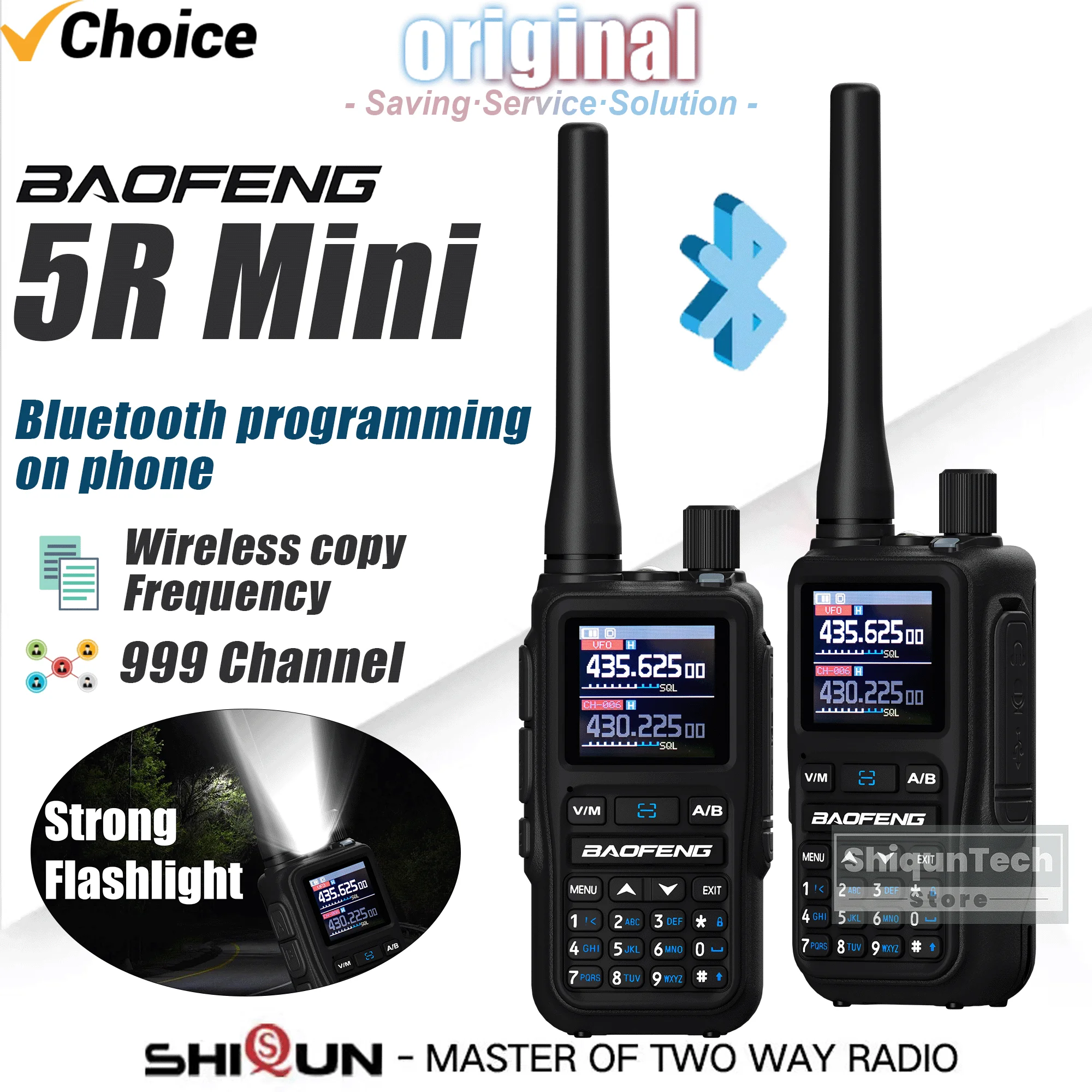 Baofeng 5R Mini-Funkgerät, Bluetooth-Programmierung, schnelle Kopierfrequenz, leichtes Dualband-Walkie-Talkie, 999-Kanal-LED-Taschenlampe