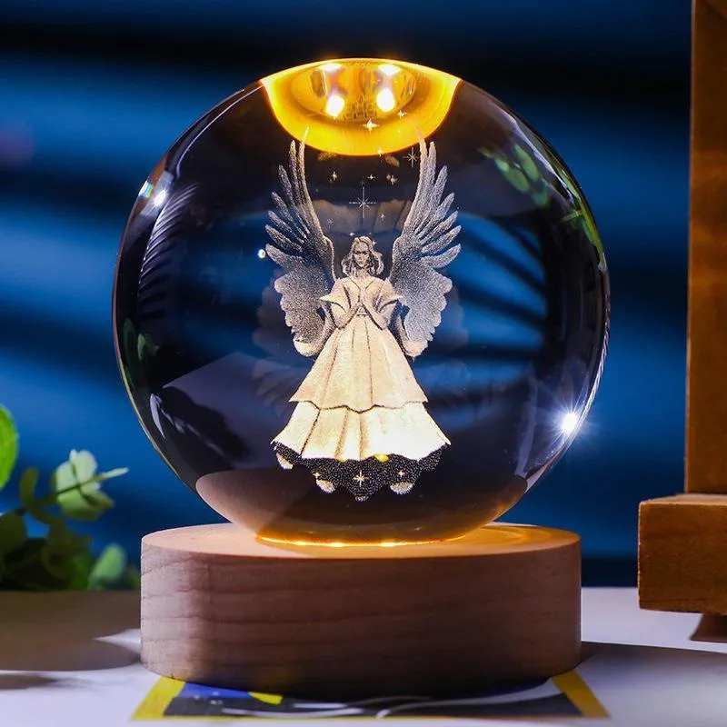 ユニークなイエス 3D クリスタル ボール ナイトライト 木製 LED ベース付き、クリエイティブ 3D 彫刻クリスタル ボール卸売クラフト ギフト、に最適