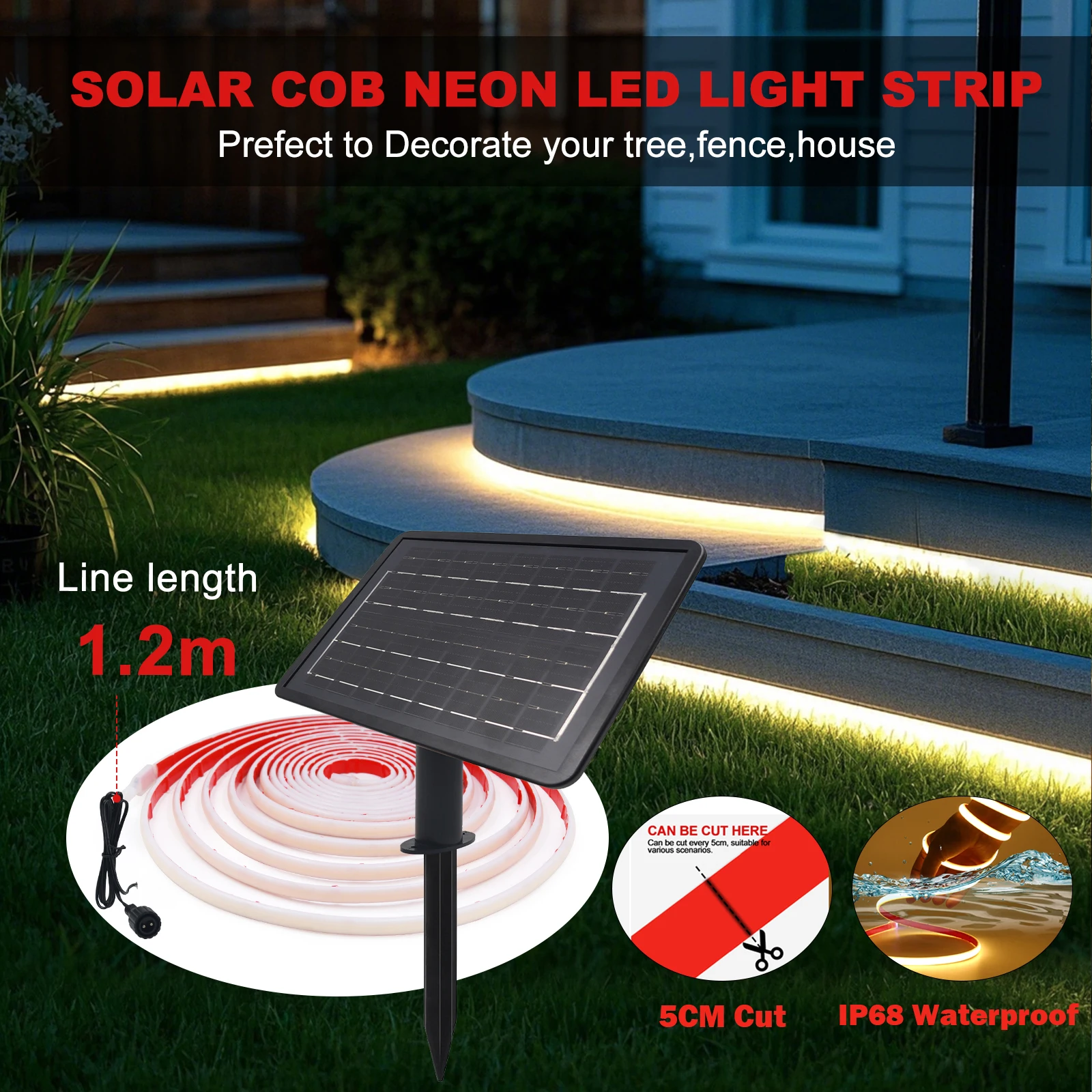 DC24V Solar COB Neon Strip IP68 Waterproof 320Leds/M Red/Yellow/Blue/White Flexible Ribbon Rope Light Dimmable Linear Lighting