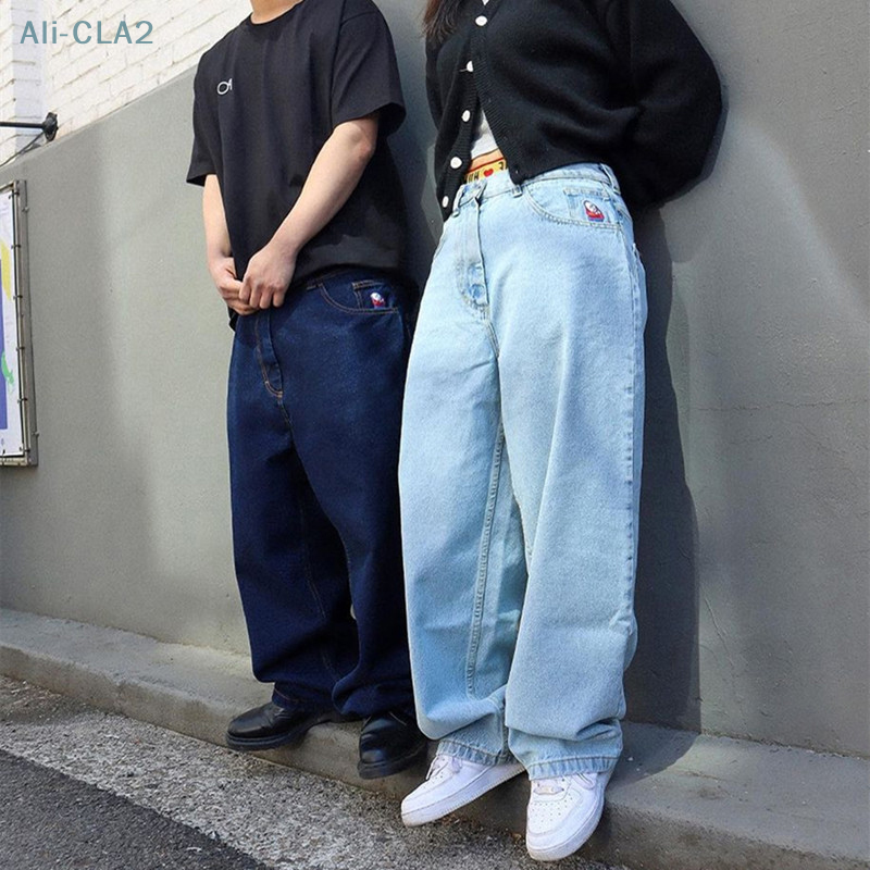 Lose Retro y2k weites Bein Hosen Jeans für Frauen Cartoon Stickerei hohe Taille Lauf Baggy Jeans Herren Hose Streetwear