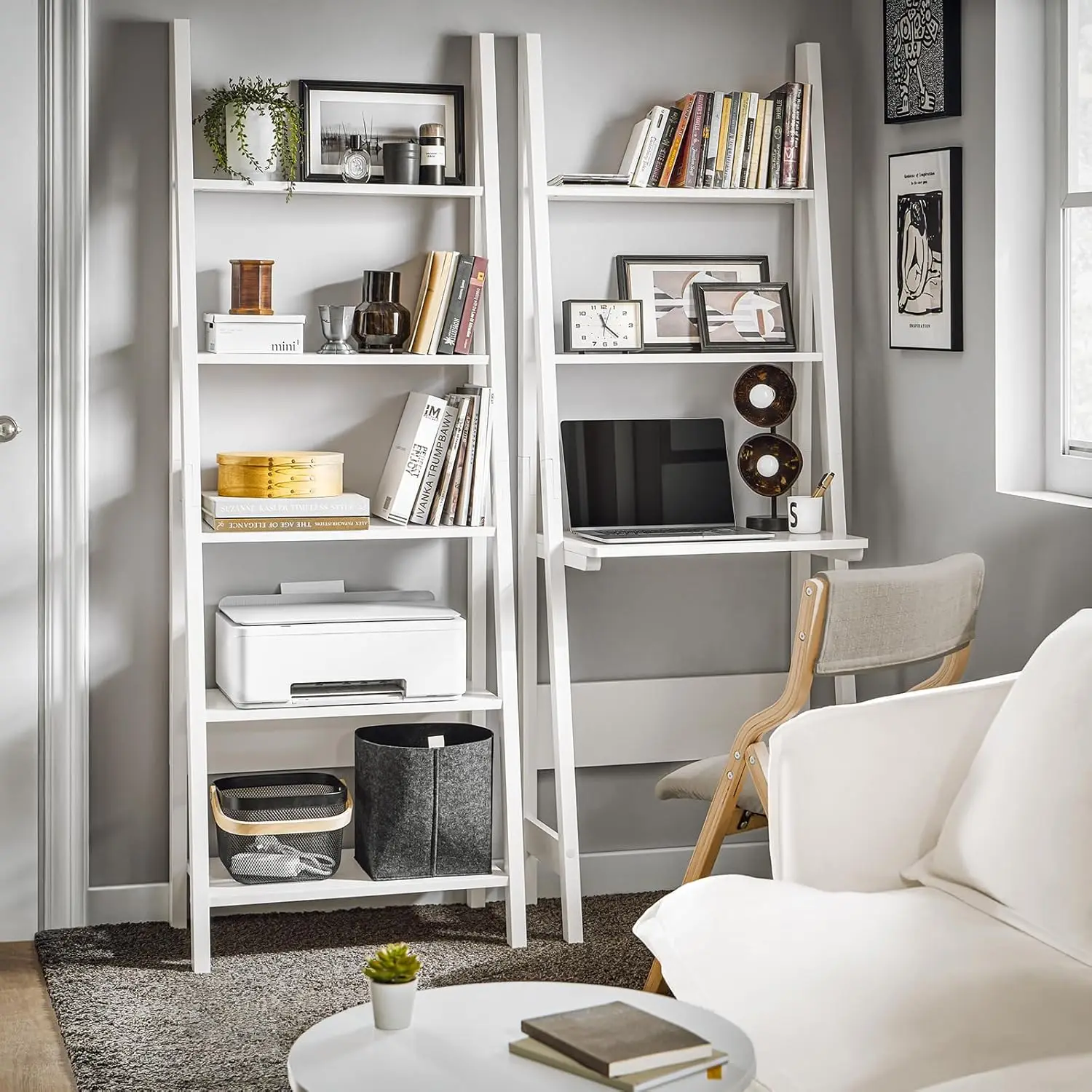 Ladder Shelf Desk, Bookcase, Book Shelf, Leaning Desk with Shelves, Wall Shelf, White FRG60-W