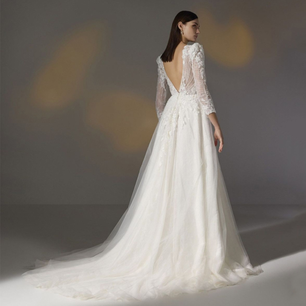 Exquisite Slit A-Line Wedding Dress V-Neck and Long Sleeves Tulle with Applique Open Back Bride Sweep Train Marriage Customized