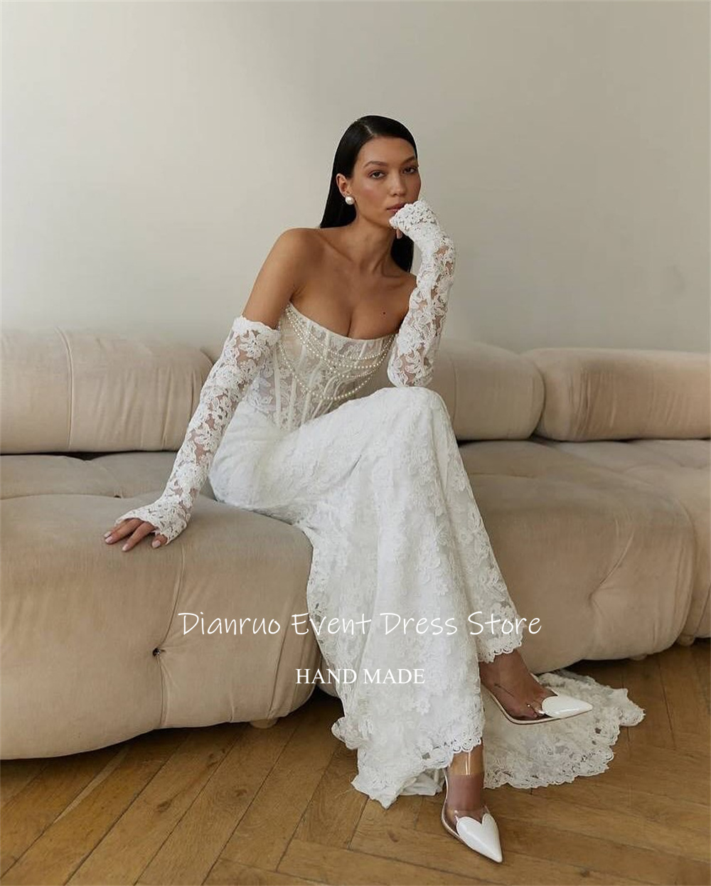 Dianruo Exquisite Strapless Mermaid Wedding Dresses Pearls Luxury Robe De Mariée 2025 Lace Appliques Maxi Bride Gowns Customized