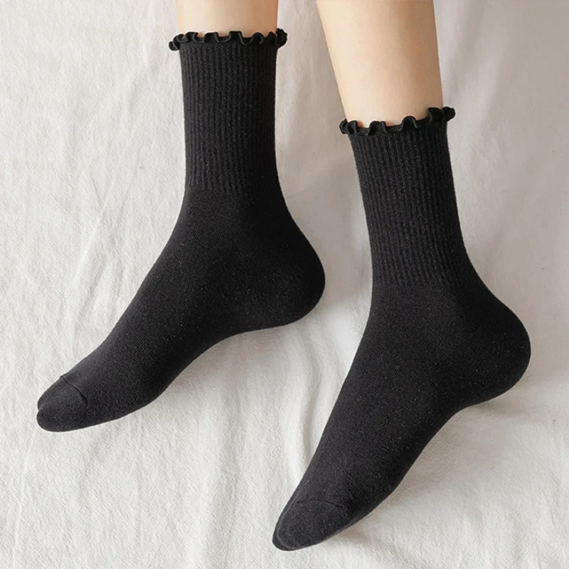 5 par/lote calcetines para mujer volantes algodón tubo medio tobillo corto transpirable negro blanco conjunto primavera otoño
