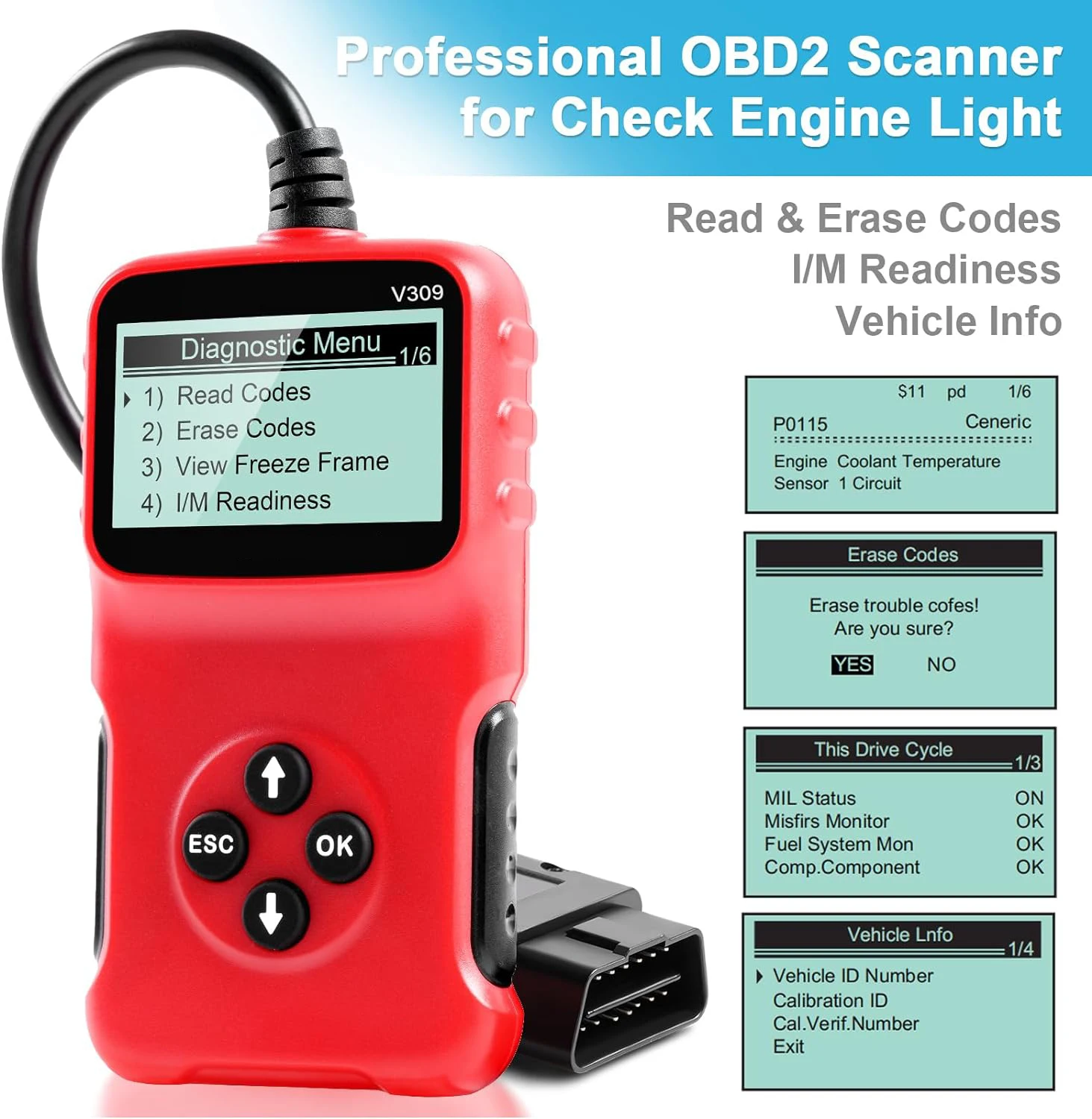 V309 obd2 scanner diagnóstico automotivo troubleshooter leitor de código de problemas do motor automotivo obd2 verificar luzes do motor