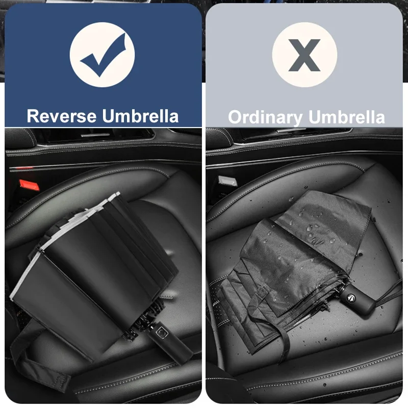 Guarda-chuva dobrável reverso totalmente automático para homens e mulheres com guarda-chuvas UV com listra reflexiva à prova de vento