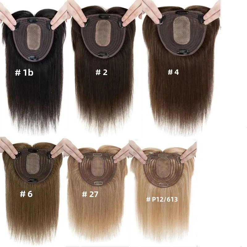 Base superior de seda, Clip de encaje suizo en Topper, peluquín recto para mujer con flequillo, postizo humano Real transpirable y suave, Color rubio