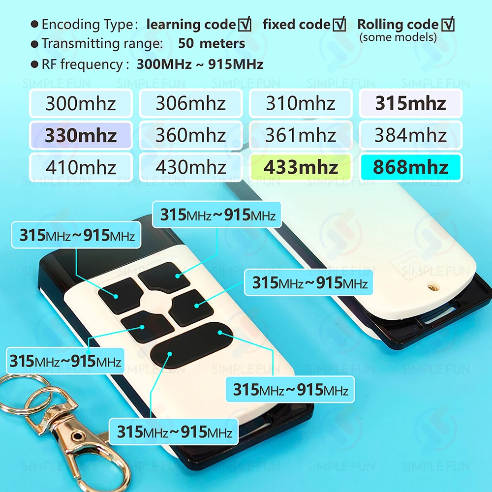 433Mhz 330Mhz 868Mhz Copy Remote Control 12-Channel Nice Came Doorhan 300~915Mhz Duplicator Garage Door Opener Clone Transmitter