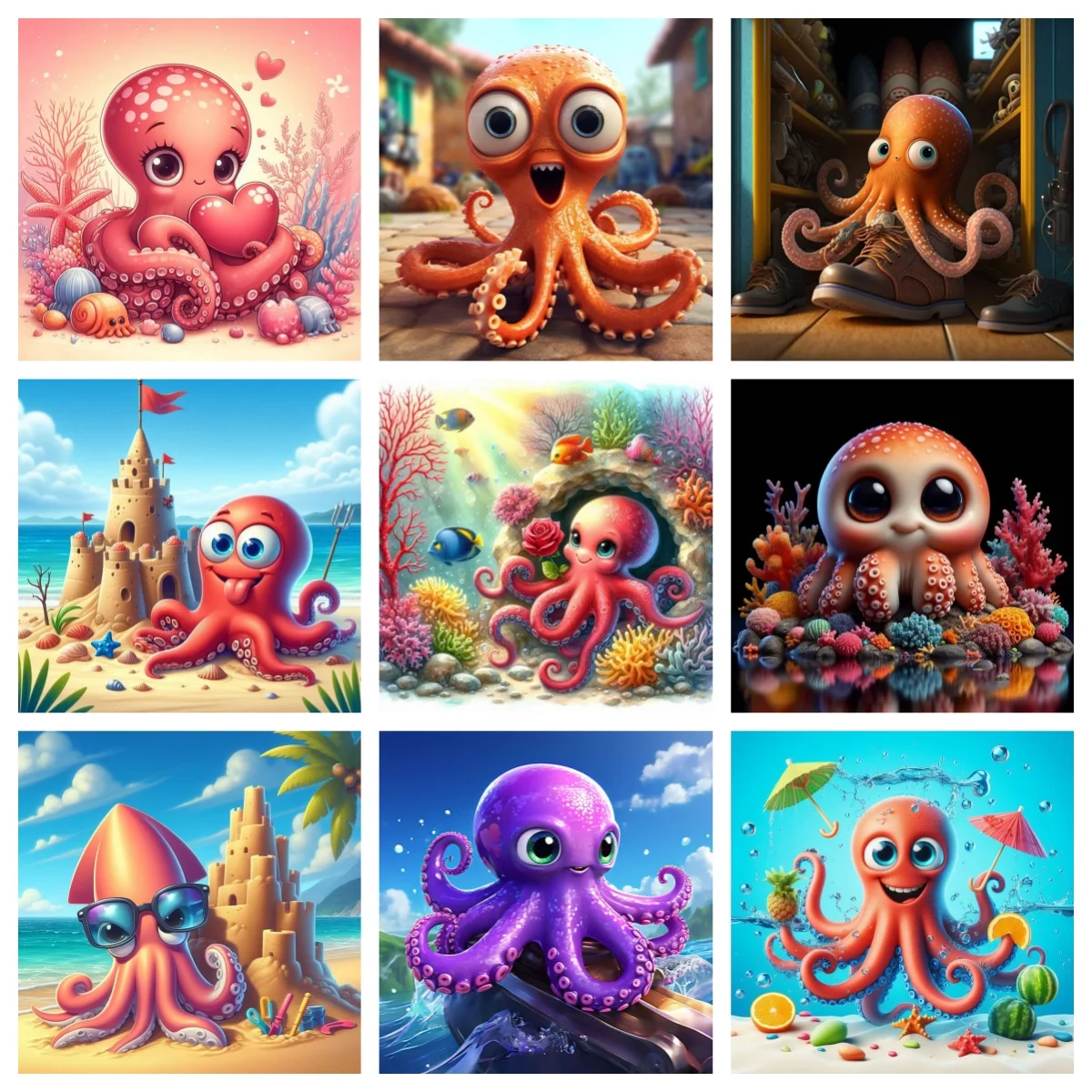 Lukisan Berlian DIY Gurita Cumi-cumi Roket Gambar Hewan Laut Kartun Dekorasi Dinding Rumah Bordir Berlian Menyenangkan DIY Anak-anak