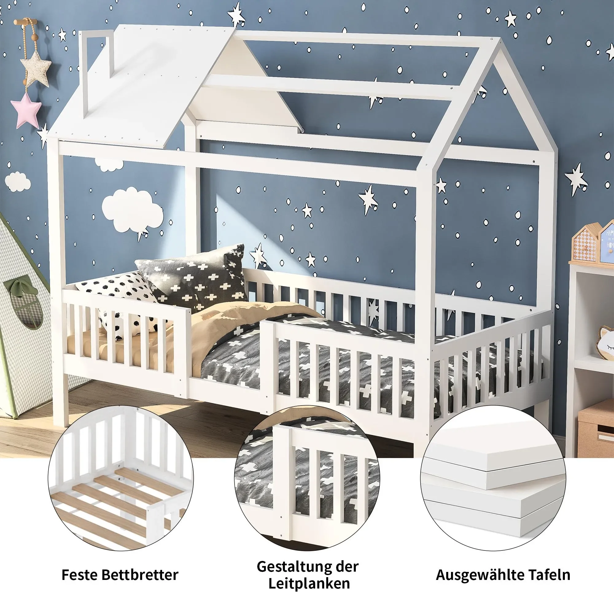 Łóżko pojedyncze dla dzieci Lazyspace, łóżko typu cottage 90 x 200 cm, łóżeczko, z ramą listwową i barierką, białe drewniane łóżko dla dzieci