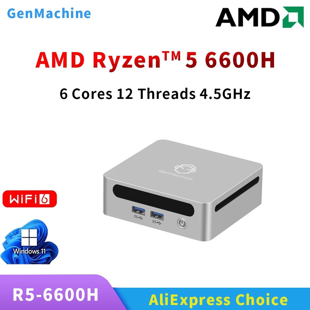 GenMachine Ryzen 5 6600H Diy Gaming Computer Mini PC 3.3GHz-4.5GHz TDP 45W Windows 11 LPDDR5 16G 6400Mhz WIFI6 Gaming Pc