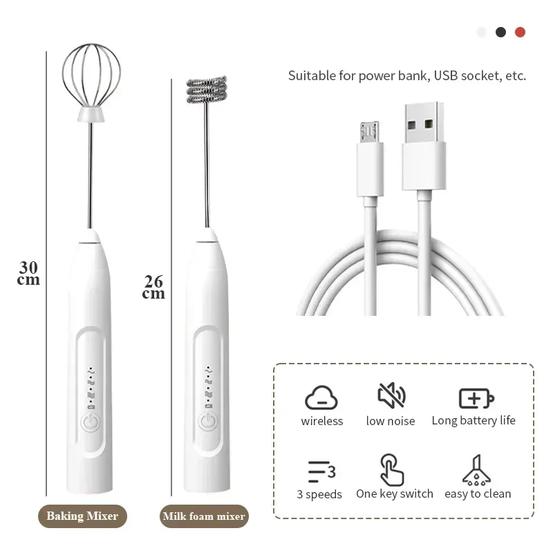 2-in-1 USB wiederaufladbarer elektrischer Schneebesen, Schneebesen, Kaffeemixer, Doppelköpfe, Milchaufschäumer, Backrührer, Küchenhelfer