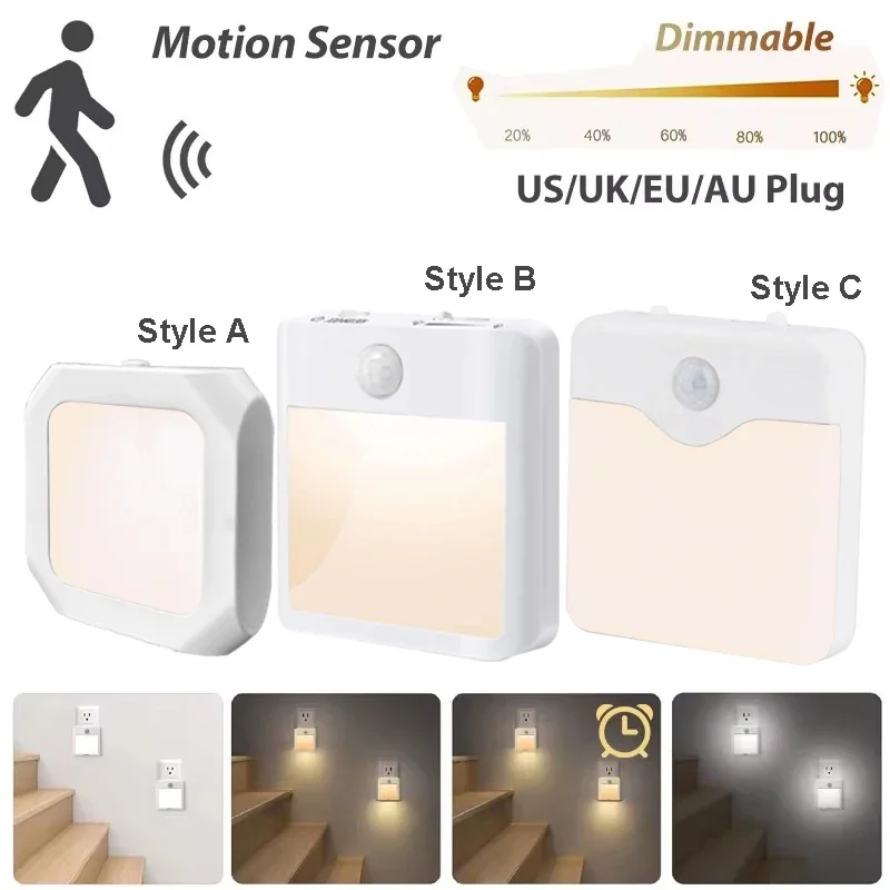 Lampada da notte a LED Sensore di movimento wireless Luce US EU UK AU Plug Sensore Lampada da notte Luci dimmerabili per l'illuminazione del corridoio della camera da letto
