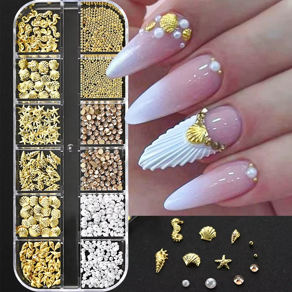 12 grades oceano ouro arte do prego encantos concha/cavalo marinho/estrela do mar branco meia redonda pérola gemas 3d misto punk manicure rebites de metal studs