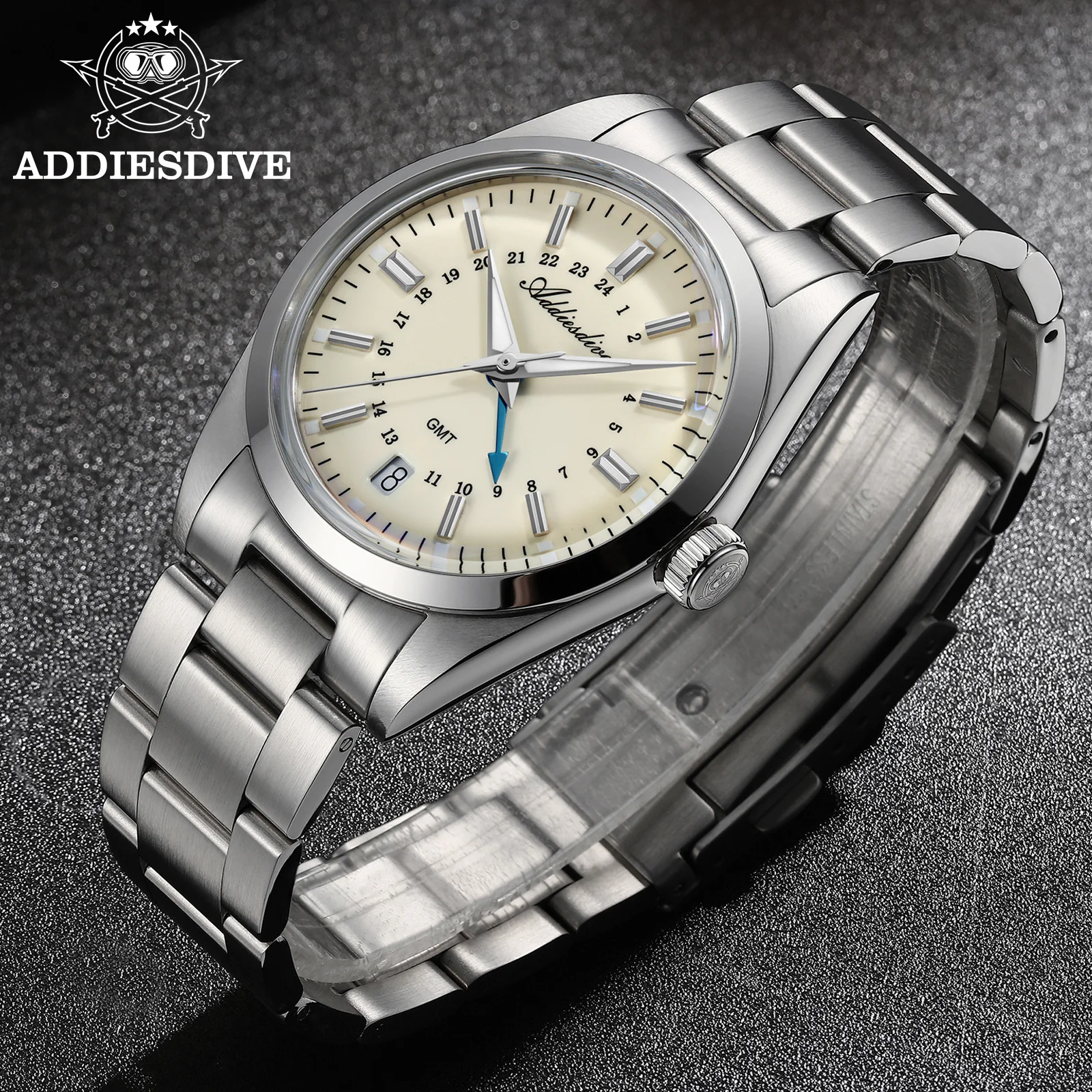 Addiesdive-男性と女性のためのクォーツ腕時計,カップル腕時計,防水,発光スチール,日付,gmt,ファッション,bgw9,100m, 36mm